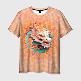 Мужская футболка 3D с принтом Китайский дракон в розовых цветах , 100% полиэфир | прямой крой, круглый вырез горловины, длина до линии бедер | 
