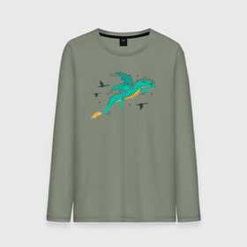Мужской лонгслив хлопок с принтом Летящий зеленый сказочный дракон в Тюмени, 100% хлопок |  | 