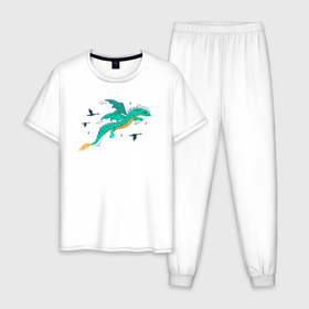 Мужская пижама хлопок с принтом Летящий зеленый сказочный дракон в Тюмени, 100% хлопок | брюки и футболка прямого кроя, без карманов, на брюках мягкая резинка на поясе и по низу штанин
 | 