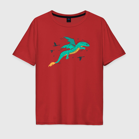 Мужская футболка хлопок Oversize с принтом Летящий зеленый сказочный дракон , 100% хлопок | свободный крой, круглый ворот, “спинка” длиннее передней части | 