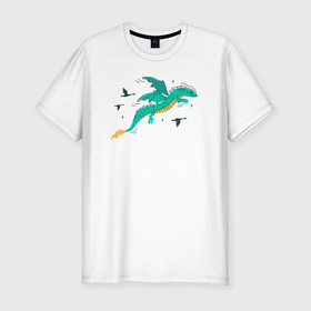 Мужская футболка хлопок Slim с принтом Летящий зеленый сказочный дракон в Тюмени, 92% хлопок, 8% лайкра | приталенный силуэт, круглый вырез ворота, длина до линии бедра, короткий рукав | 