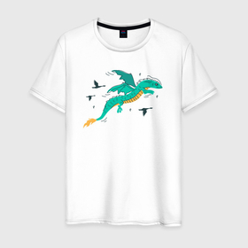 Мужская футболка хлопок с принтом Летящий зеленый сказочный дракон в Тюмени, 100% хлопок | прямой крой, круглый вырез горловины, длина до линии бедер, слегка спущенное плечо. | 