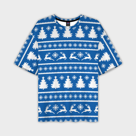 Мужская футболка oversize 3D с принтом Синий свитер с новогодними оленями ,  |  | 