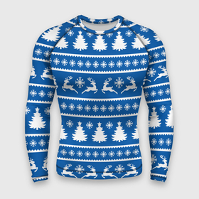 Мужской рашгард 3D с принтом Синий свитер с новогодними оленями в Курске,  |  | Тематика изображения на принте: 