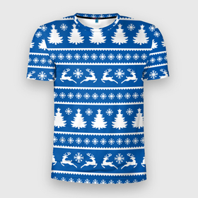 Мужская футболка 3D Slim с принтом Синий свитер с новогодними оленями , 100% полиэстер с улучшенными характеристиками | приталенный силуэт, круглая горловина, широкие плечи, сужается к линии бедра | 