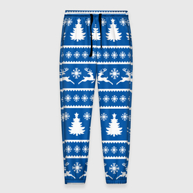 Мужские брюки 3D с принтом Синий свитер с новогодними оленями в Кировске, 100% полиэстер | манжеты по низу, эластичный пояс регулируется шнурком, по бокам два кармана без застежек, внутренняя часть кармана из мелкой сетки | 