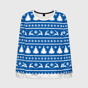 Мужской свитшот 3D с принтом Синий свитер с новогодними оленями в Екатеринбурге, 100% полиэстер с мягким внутренним слоем | круглый вырез горловины, мягкая резинка на манжетах и поясе, свободная посадка по фигуре | 