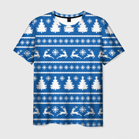 Мужская футболка 3D с принтом Синий свитер с новогодними оленями в Санкт-Петербурге, 100% полиэфир | прямой крой, круглый вырез горловины, длина до линии бедер | 