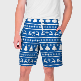 Мужские шорты 3D с принтом Синий свитер с новогодними оленями ,  полиэстер 100% | прямой крой, два кармана без застежек по бокам. Мягкая трикотажная резинка на поясе, внутри которой широкие завязки. Длина чуть выше колен | 