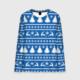 Мужской лонгслив 3D с принтом Синий свитер с новогодними оленями в Курске, 100% полиэстер | длинные рукава, круглый вырез горловины, полуприлегающий силуэт | Тематика изображения на принте: 