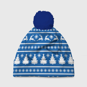 Шапка 3D c помпоном с принтом Синий свитер с новогодними оленями в Екатеринбурге, 100% полиэстер | универсальный размер, печать по всей поверхности изделия | 
