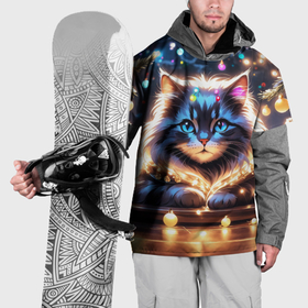 Накидка на куртку 3D с принтом Кот с гирляндой среди новогодних украшений в Кировске, 100% полиэстер |  | 