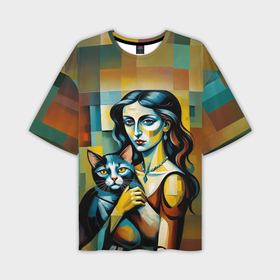 Мужская футболка oversize 3D с принтом Портрет женщины с котом импрессионизм в Екатеринбурге,  |  | Тематика изображения на принте: 