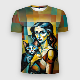Мужская футболка 3D Slim с принтом Портрет женщины с котом импрессионизм в Кировске, 100% полиэстер с улучшенными характеристиками | приталенный силуэт, круглая горловина, широкие плечи, сужается к линии бедра | 