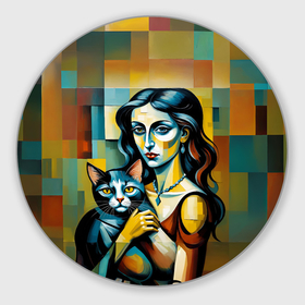 Круглый коврик для мышки с принтом Портрет женщины с котом импрессионизм в Курске, резина и полиэстер | круглая форма, изображение наносится на всю лицевую часть | 
