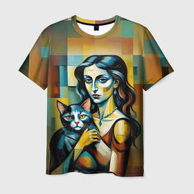 Мужская футболка 3D с принтом Портрет женщины с котом импрессионизм в Екатеринбурге, 100% полиэфир | прямой крой, круглый вырез горловины, длина до линии бедер | Тематика изображения на принте: 