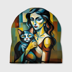 Шапка 3D с принтом Портрет женщины с котом импрессионизм в Екатеринбурге, 100% полиэстер | универсальный размер, печать по всей поверхности изделия | 