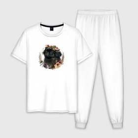 Мужская пижама хлопок с принтом Пекинес черный в цветочном венке в Петрозаводске, 100% хлопок | брюки и футболка прямого кроя, без карманов, на брюках мягкая резинка на поясе и по низу штанин
 | 