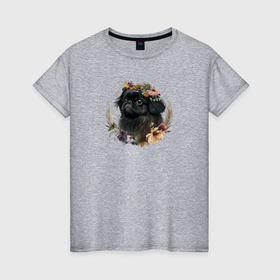 Женская футболка хлопок с принтом Пекинес черный в цветочном венке в Петрозаводске, 100% хлопок | прямой крой, круглый вырез горловины, длина до линии бедер, слегка спущенное плечо | 