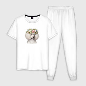 Мужская пижама хлопок с принтом Пудель белый в цветочном венке в Новосибирске, 100% хлопок | брюки и футболка прямого кроя, без карманов, на брюках мягкая резинка на поясе и по низу штанин
 | 