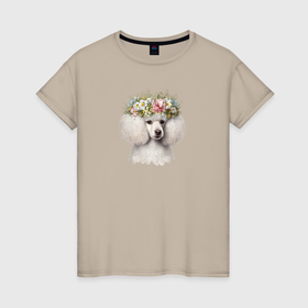 Женская футболка хлопок с принтом Пудель белый в цветочном венке в Новосибирске, 100% хлопок | прямой крой, круглый вырез горловины, длина до линии бедер, слегка спущенное плечо | 