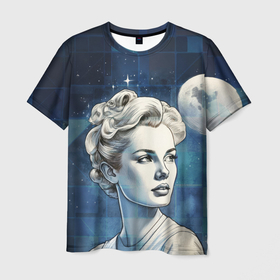 Мужская футболка 3D с принтом Девушка под звёздным небом в Тюмени, 100% полиэфир | прямой крой, круглый вырез горловины, длина до линии бедер | Тематика изображения на принте: 