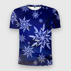 Мужская футболка 3D Slim с принтом Зима и снежинки в Курске, 100% полиэстер с улучшенными характеристиками | приталенный силуэт, круглая горловина, широкие плечи, сужается к линии бедра | 