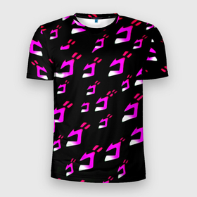 Мужская футболка 3D Slim с принтом JoJos Bizarre neon pattern logo в Белгороде, 100% полиэстер с улучшенными характеристиками | приталенный силуэт, круглая горловина, широкие плечи, сужается к линии бедра | 