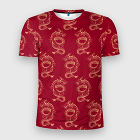 Мужская футболка 3D Slim с принтом Китайский дракон на красном фоне в Новосибирске, 100% полиэстер с улучшенными характеристиками | приталенный силуэт, круглая горловина, широкие плечи, сужается к линии бедра | Тематика изображения на принте: 