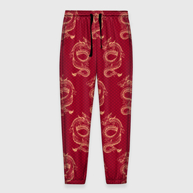 Мужские брюки 3D с принтом Китайский дракон на красном фоне в Кировске, 100% полиэстер | манжеты по низу, эластичный пояс регулируется шнурком, по бокам два кармана без застежек, внутренняя часть кармана из мелкой сетки | 