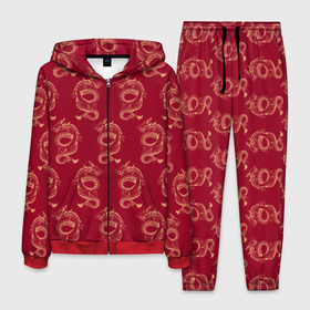 Мужской костюм 3D с принтом Китайский дракон на красном фоне в Екатеринбурге, 100% полиэстер | Манжеты и пояс оформлены тканевой резинкой, двухслойный капюшон со шнурком для регулировки, карманы спереди | 