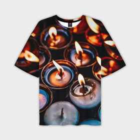 Мужская футболка oversize 3D с принтом Новогодние горящие свечи ,  |  | 
