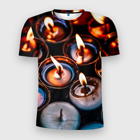 Мужская футболка 3D Slim с принтом Новогодние горящие свечи , 100% полиэстер с улучшенными характеристиками | приталенный силуэт, круглая горловина, широкие плечи, сужается к линии бедра | 