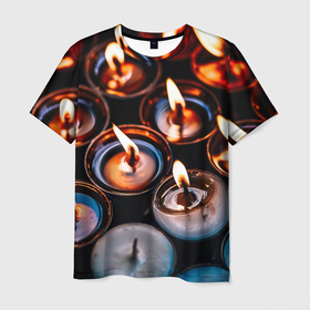 Мужская футболка 3D с принтом Новогодние горящие свечи в Петрозаводске, 100% полиэфир | прямой крой, круглый вырез горловины, длина до линии бедер | 
