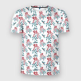Мужская футболка 3D Slim с принтом Веточки омелы и остролиста для праздника в Екатеринбурге, 100% полиэстер с улучшенными характеристиками | приталенный силуэт, круглая горловина, широкие плечи, сужается к линии бедра | 