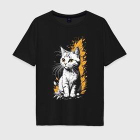 Мужская футболка хлопок Oversize с принтом Белый котенок осень в Екатеринбурге, 100% хлопок | свободный крой, круглый ворот, “спинка” длиннее передней части | Тематика изображения на принте: 