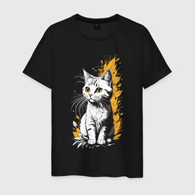 Мужская футболка хлопок с принтом Белый котенок осень в Тюмени, 100% хлопок | прямой крой, круглый вырез горловины, длина до линии бедер, слегка спущенное плечо. | 
