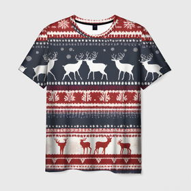 Мужская футболка 3D с принтом Олени белые и красные свитер новогодний , 100% полиэфир | прямой крой, круглый вырез горловины, длина до линии бедер | 