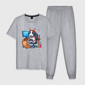 Мужская пижама хлопок с принтом Щенок бультерьера за компьютерной игрой , 100% хлопок | брюки и футболка прямого кроя, без карманов, на брюках мягкая резинка на поясе и по низу штанин
 | 