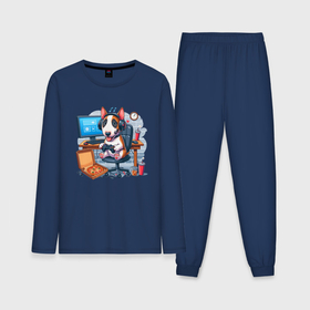 Мужская пижама с лонгсливом хлопок с принтом Щенок бультерьера за компьютерной игрой в Кировске,  |  | Тематика изображения на принте: 