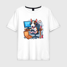 Мужская футболка хлопок Oversize с принтом Щенок бультерьера за компьютерной игрой в Кировске, 100% хлопок | свободный крой, круглый ворот, “спинка” длиннее передней части | Тематика изображения на принте: 