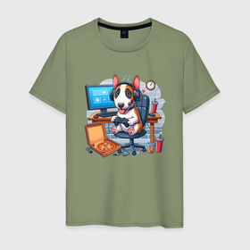 Мужская футболка хлопок с принтом Щенок бультерьера за компьютерной игрой , 100% хлопок | прямой крой, круглый вырез горловины, длина до линии бедер, слегка спущенное плечо. | 