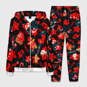 Мужской костюм 3D с принтом Рождественские узоры красные в Екатеринбурге, 100% полиэстер | Манжеты и пояс оформлены тканевой резинкой, двухслойный капюшон со шнурком для регулировки, карманы спереди | 