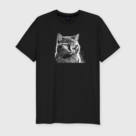 Мужская футболка хлопок Slim с принтом Пушистый котик в Петрозаводске, 92% хлопок, 8% лайкра | приталенный силуэт, круглый вырез ворота, длина до линии бедра, короткий рукав | Тематика изображения на принте: 