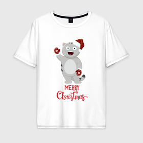 Мужская футболка хлопок Oversize с принтом Merry Christmas кот в Санкт-Петербурге, 100% хлопок | свободный крой, круглый ворот, “спинка” длиннее передней части | 
