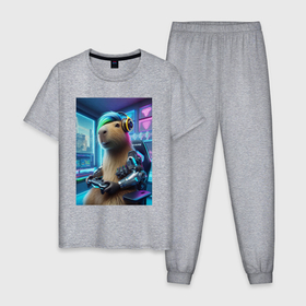 Мужская пижама хлопок с принтом Cappy with fashionable bangs   cyberpunk , 100% хлопок | брюки и футболка прямого кроя, без карманов, на брюках мягкая резинка на поясе и по низу штанин
 | 