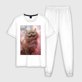 Мужская пижама хлопок с принтом Рыжий чеширский кот в тумане в Петрозаводске, 100% хлопок | брюки и футболка прямого кроя, без карманов, на брюках мягкая резинка на поясе и по низу штанин
 | Тематика изображения на принте: 