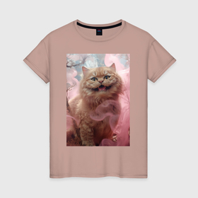 Женская футболка хлопок с принтом Рыжий чеширский кот в тумане в Петрозаводске, 100% хлопок | прямой крой, круглый вырез горловины, длина до линии бедер, слегка спущенное плечо | Тематика изображения на принте: 