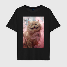 Мужская футболка хлопок Oversize с принтом Рыжий чеширский кот в тумане в Екатеринбурге, 100% хлопок | свободный крой, круглый ворот, “спинка” длиннее передней части | Тематика изображения на принте: 