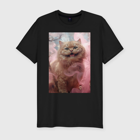 Мужская футболка хлопок Slim с принтом Рыжий чеширский кот в тумане в Тюмени, 92% хлопок, 8% лайкра | приталенный силуэт, круглый вырез ворота, длина до линии бедра, короткий рукав | 